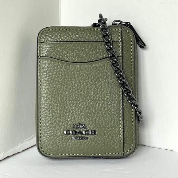 Coach Zip Card Case ID Wallet Green Pebbled Leather 6303 Mini Chain Strap ORGPKG - Picture 4 of 4